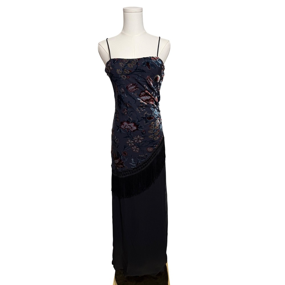 Dave & Johnny Laura Ryner Burnout Floral Velvet Fringe Maxi Dress Navy 5-6 Y2K